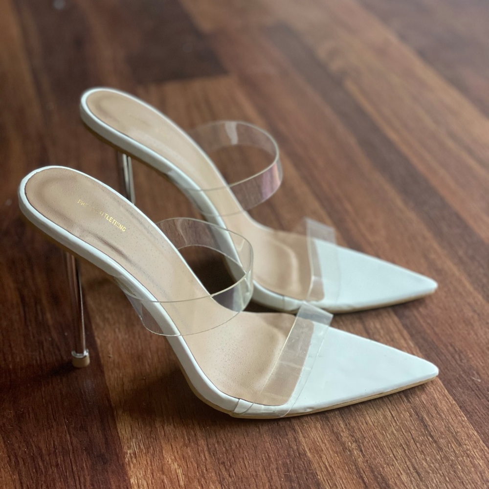 PLT White Twin Strap Metal Heel Mule